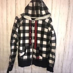 Black & white checkered fur lined zip-up hoodie